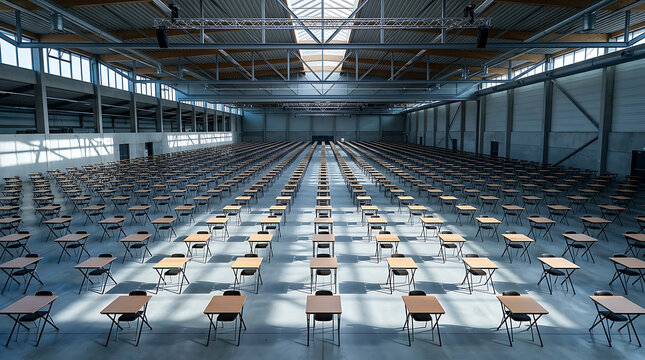 Empty examination hall with rows of desks and chairs.