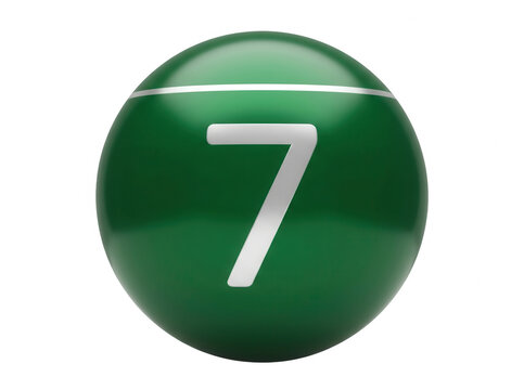 Uma bola de bilhar verde brilhante com o n&uacute;mero sete em destaque, apresentando um design esf&eacute;rico tridimensional isolado em um fundo branco limpo, ideal para elementos de design gr&aacute;fico e esportes.
