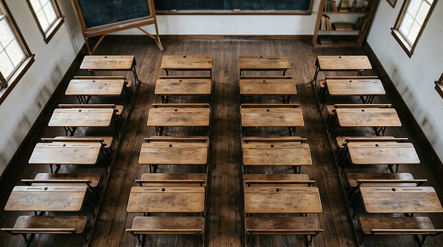 Empty wooden classroom desks in vintage schoolroom.