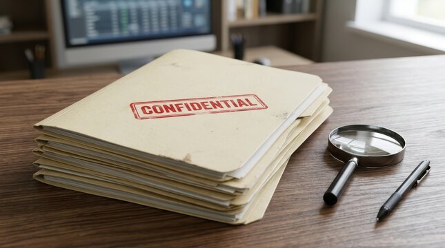Stack of confidential folders with a magnifying glass on an office desk