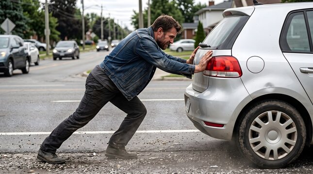 someone pushing a broken down car