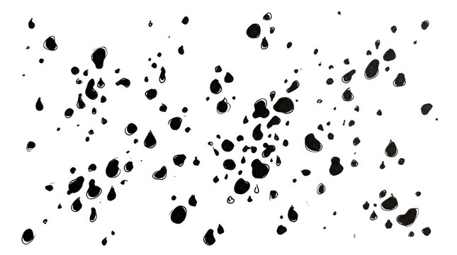 Padr&atilde;o abstrato de respingos de tinta preta dispersos em um fundo branco limpo, criando um efeito art&iacute;stico de gotas irregulares e manchas de pincel para design gr&aacute;fico e texturas criativas.