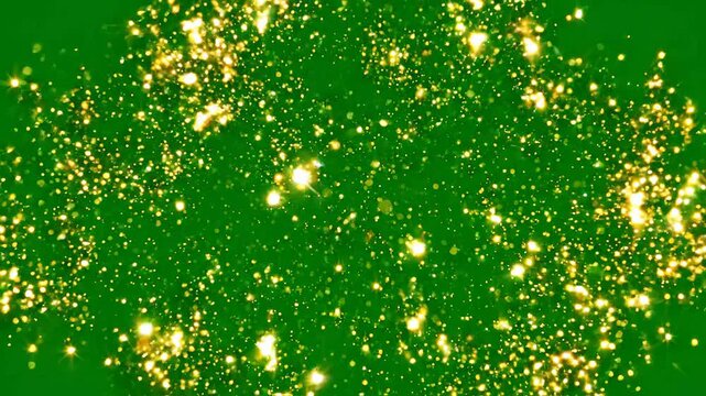 Sparkling golden particles exploding and scattering on a chroma key green screen background for dynamic visual effects, celebratory overlays, magical transitions, and luxury branding.