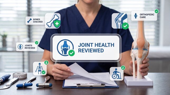 Medical professional reviewing joint health documents with an anatomical knee model on a clinic desk with clinical documentation alongside healthcare provider reviews digital health icons