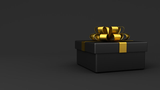Black gift box or present box with gold ribbon and bow isolated on dark black background with blank copy space minimal black friday sale conceptual 3D rendering