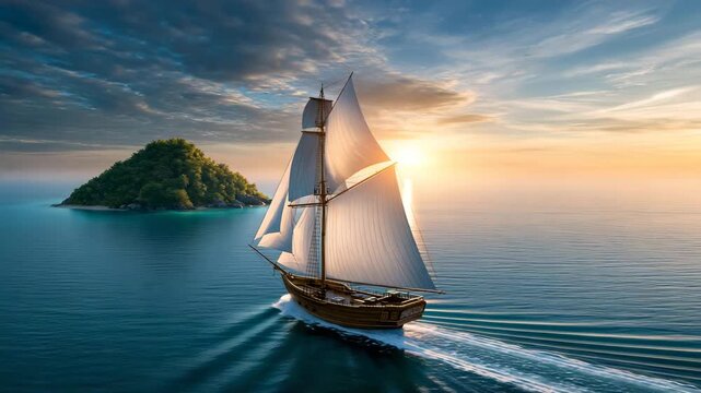Aerial View of Pirate Ship Approaching Tropical Island