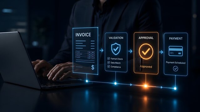Businessman hand holding a futuristic glowing e-invoice envelope representing automated recurring billing and successful digital payment processing