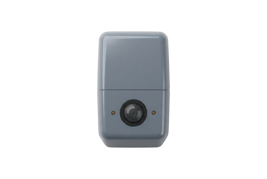 C&acirc;mera de seguran&ccedil;a compacta e moderna com design minimalista, lente centralizada e acabamento em pl&aacute;stico cinza, isolada sobre um fundo branco puro para projetos de monitoramento e vigil&acirc;ncia