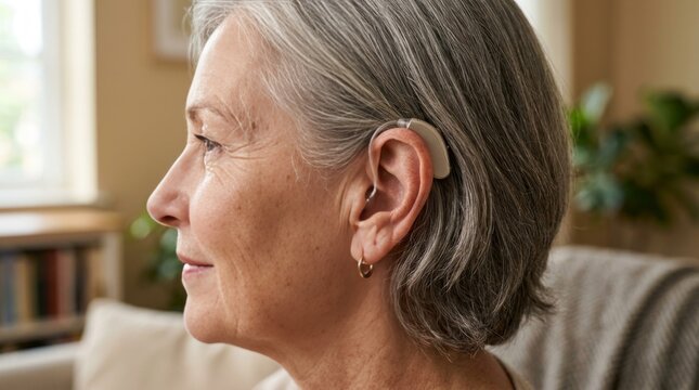 Profile of Older Woman Wearing Hearing Aid at Home
