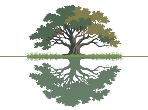 Ilustra&ccedil;&atilde;o vetorial de uma &aacute;rvore frondosa com reflexo espelhado sim&eacute;trico sobre uma linha horizontal, representando equil&iacute;brio, natureza e sustentabilidade em um design minimalista isolado no fundo
