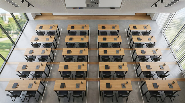 Modern classroom with rows of wooden desks and chairs.