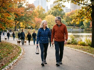 Fototapeta premium Older couple walking and talking in an autumn park
