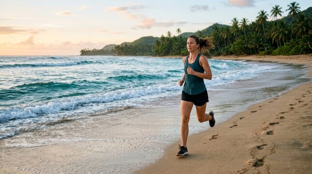 Woman running on beach at sunset