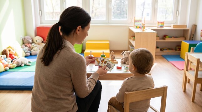 Female educator with ponytail, colorful flashcards, showing cards, kindergarten classroom interior, education