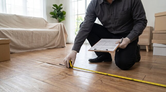 Home inspector in gloves, holding a clipboard and yellow tape measure, measuring damaged wooden floorboards, inside a modern living room, real estate photography