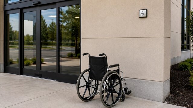 Commercial entrance showing automatic door activation button mounted unusually high on wall beside doorway, wheelchair positioned nearby for scale, realistic accessibility design problem