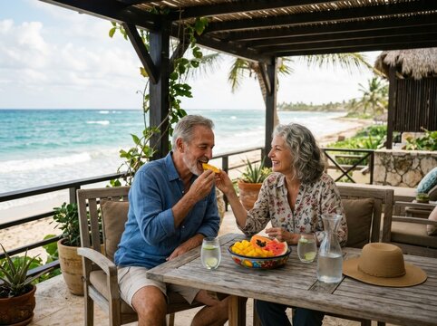 Couple sharing fruit on a seaside terrace