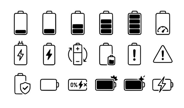 Battery status solid icon set with eighteen symbols including battery level charging low warning error and fully charged indicators