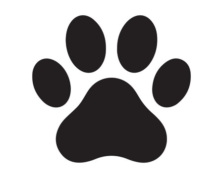 Black animal paw print silhouette representing a pet footprint with dog paw cat paw pet track puppy paw kitten paw black and white illustration