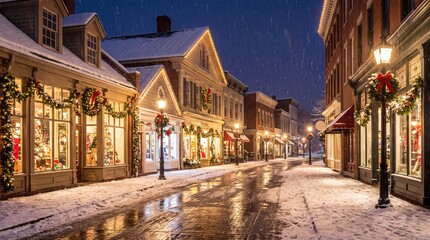 Naklejka premium A charming historic town street decorated with festive holiday lights during a snowy winter evening with storefronts decorated garlands quiet cobblestone street