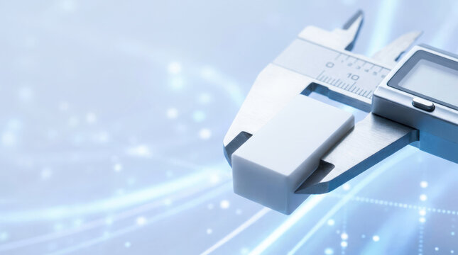 Financial audit concept with digital caliper and glowing data network suggesting precise measurement, accuracy, technology, and analytical review