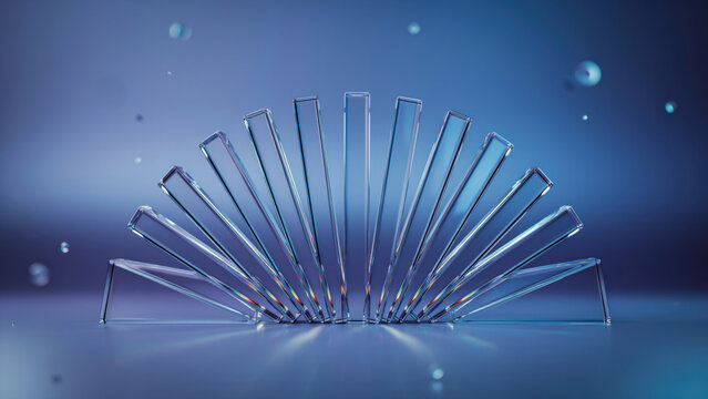 Abstract fan arrangement of transparent glass rectangular prisms on a dark blue reflective surface background with symmetrical arrangement clear