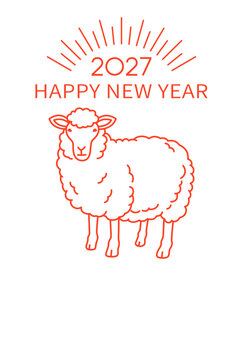 2027年 未年　年賀状テンプレート24（HAPPY NEW YEAR 羊 縦型）