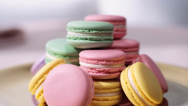Colorful French Macarons Stacked on Luxury Marble Surface