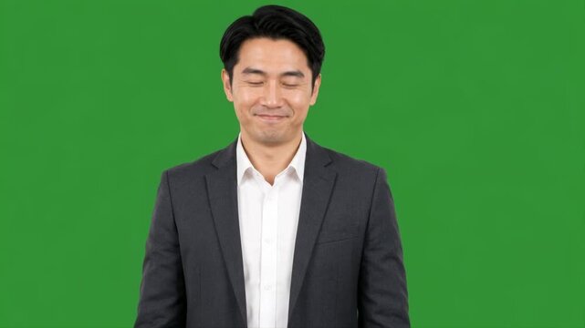 Professional businessperson carefully considering information before making a confident decision and showing approval against a clean green screen background.