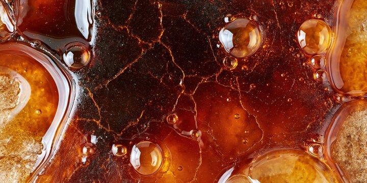 Abstract macro of amber bubbles and cracked dark surface with glassy texture