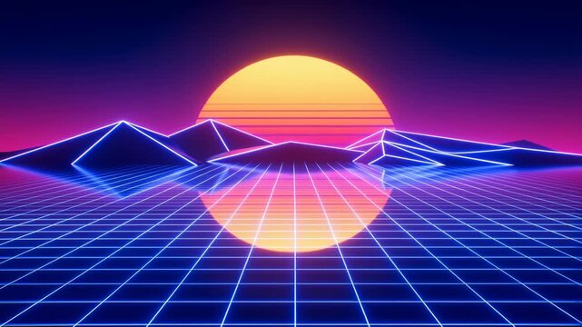 Retrowave 80s Neon Grid Sunset Loop with Glowing Horizon and Synthwave Aesthetic
