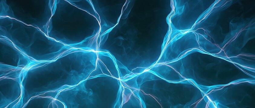 Abstract glowing blue filaments branching through dark space