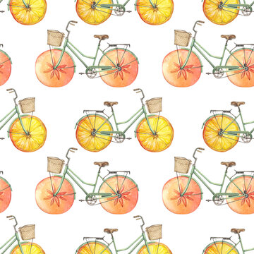 Watercolor seamless pattern with hand-drawn bicycle with wheel - orange persimmon fruit slice on white background. Vintage transport for summer walking. Art for sketchbook. Wallpaper or wrapping