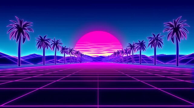 Retrowave 80s Grid Sunset with Neon Glowing Horizon Loop