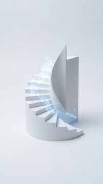 Spiral staircase and digital finance audit concept with glowing data interface and modern white architectural design