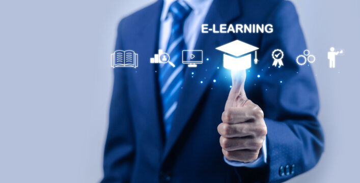 Business professional presenting e-learning and education concepts with graduation, online training, skills, achievement, and technology icons, symbolizing online career growth and corporate learning.