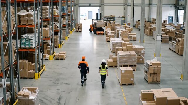 Autonomous Platforms Moving Cargo Boxes Through Warehouse | Aerial Drone View of Smart Logistics Automation. Aerial View of Warehouse Workers and Loader Moving Cargo Boxes onto Autonomous Platform