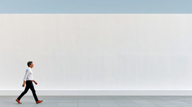Single figure walking past large minimal white wall