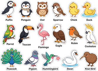 Fototapeta premium Colorful cartoon birds with transparent backgrounds for educational and creative use