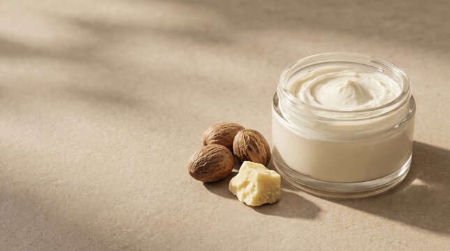 Glass jar of white skincare cream with shea nuts and a piece of shea butter on a textured beige surface