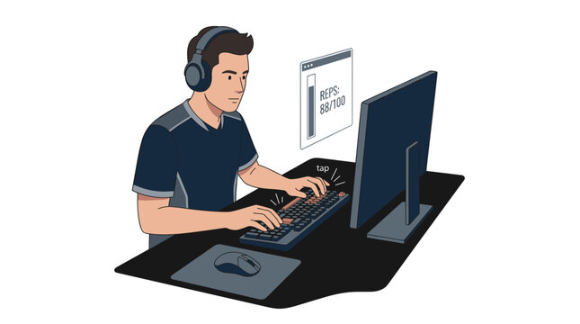 Male professional gamer wearing headphones practicing on a computer with repetition progress bar interface in flat illustration style