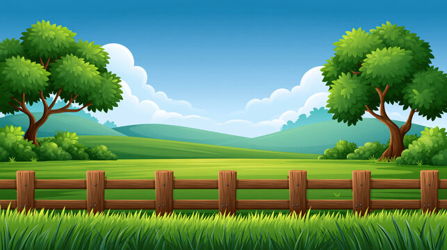 Sunny landscape cartoon tree green field wooden fence blue sky grass foreground rolling hill cloud background nature scene game background