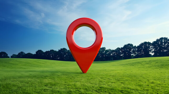 A large red location pin marker stands on a lush green grass field under a bright blue sky with scattered clouds and a line of dark green trees in the distance featuring map marker and navigation