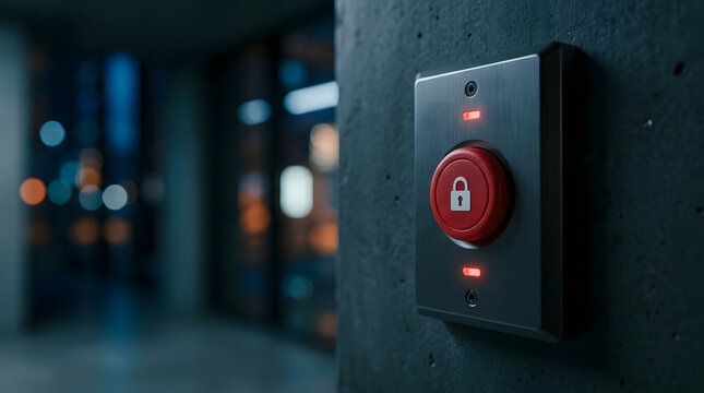 Close-up of a modern emergency exit button with a glowing red lock symbol on a brushed metal wall plate, illuminated by small red LEDs, against a blurred night city background featuring push