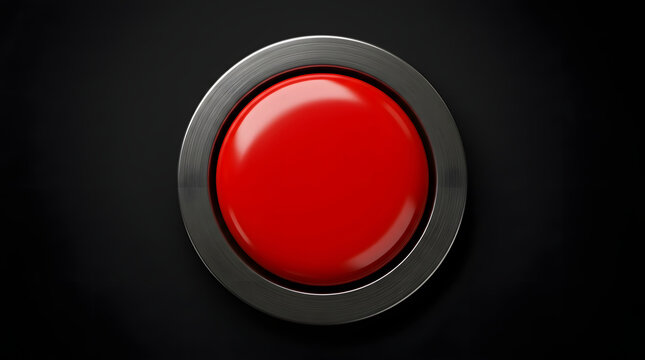 A large, glossy red button with a smooth, reflective surface and a brushed metallic silver rim, set against a completely black background with subtle lighting featuring large button and metallic rim