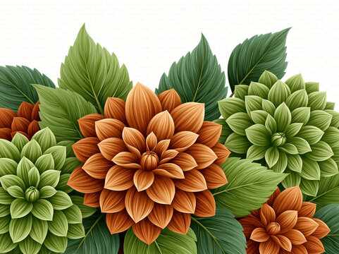 Paper flower bouquet with orange and green blossom and leaf arrangement on white background