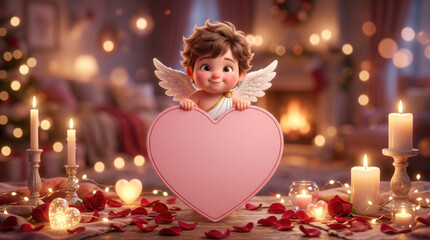 Naklejka premium Cute 3D Cupid Holding a Pink Heart