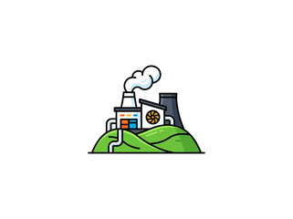 Fototapeta premium Geothermal Power Plant On Grassy Hill With Chimney Smoke Turbine Icon And Cooling Tower In Cartoon Style