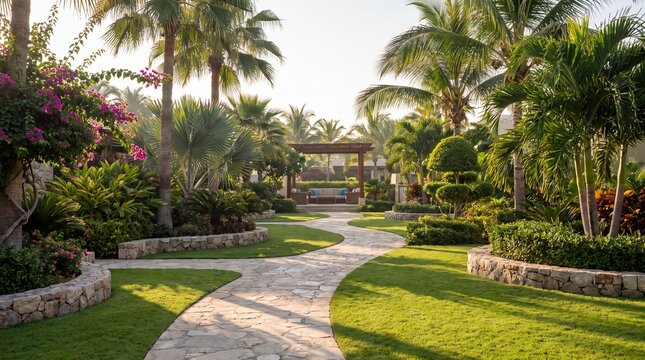 A winding stone path leads through a lush tropical garden with palm trees with stone pathway curves through beautifully landscaped garden filled green lawns
