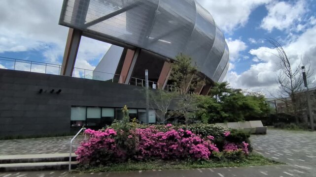 Low-angle shot of vivid pink spring flowers blooming beneath the soaring metallic canopy curve of modern stadium architecture under dynamic clouds.